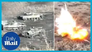 Russian tanks getting destroyed in Ukraine minefield