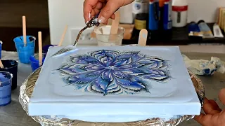 (941) AMAZING Fluid art Flower painting ~ Reverse Flower dip with Napkin ~ Beautiful in Blue