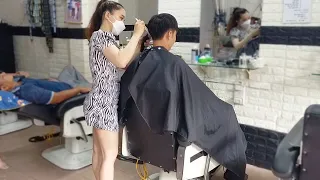 Haircut, styling, ear waxing, relax with two beautiful girls at Vietnam barbershop
