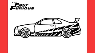 How to draw a NISSAN SKYLINE GT-R R34 from Fast and Furious 2 easy | Drawing nissan gtr r34 car