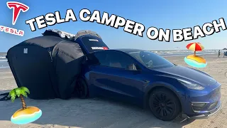 BEACH CAMPING in Your TESLA Model Y (Tesloid Model Y Tent & Mattress)