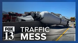 Large spill after cement truck rollover causes highway traffic headache