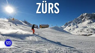 Skiing 3km long nice and easy blue piste 123 'Familienabfahrt' in Zürs St Anton Ski Arlberg UHD 4K