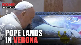 Pope lands in Verona and prays before the relics of the city's patron saint, St. Zeno