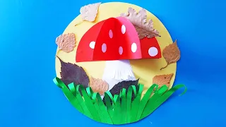 Объемная аппликация из бумаги и осенних листьев "Мухомор". DIY Autumn crafts from paper. Mushroom