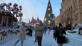 🎄Moscow New Year Walking tour in Red square, Christmas lights ,Russia 4k.