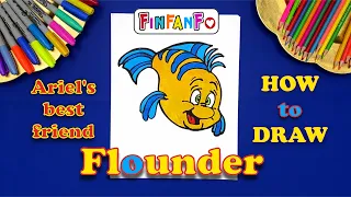 How to Draw Flounder From The Little Mermaid I Easy Step by Step I Disney Characters