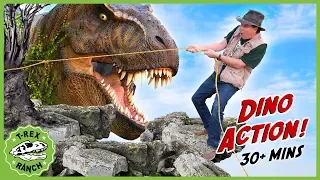 Dinosaur Escape Adventure! Giant T-Rex Chases Park Rangers Who Rescue Baby Dinosaurs with Kids Toys