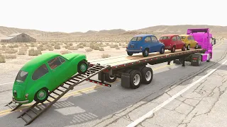 Small Cars Transportation with truck On Flatbed Trailer Vs Car #1 - BeamNG.Drive