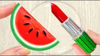 Water melon Makeup Mixing Lipstick into Slime! Satisfying Video! Red Summer makeup slime #83