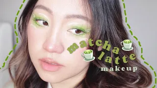 matcha latte makeup 🍵 chit chat #grwm, green eyeshadow w/ white graphic liner