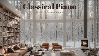 No Ads | Classical Piano with Fireplace Sounds and Snowfall | Study Ambience