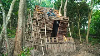 2 NIGHT 3DAY Building Log Cabin Story-House Update 2 Week Later, Bushcraft Shelter Camping