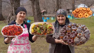 Village Woman Makes Delicious Chocolate Donuts - Steamed Beef Recipe in Azerbaijani Village