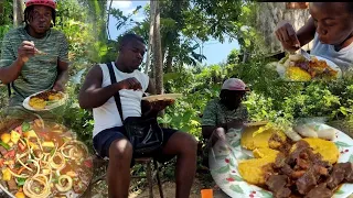 Stew Liver (w) pumpkin carrot dumpling an banana/ outdoor cooking - Jamaican style