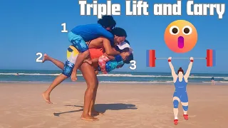 Strong Woman Lifts Family|Triple Lift and Carry Fitness Exercise at the Beach