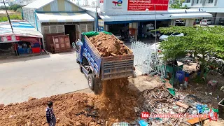 Best Mini Dump Trucks Unloading Soil And Small Bulldozer Pushing Soil Land Filling Up In Cambodia