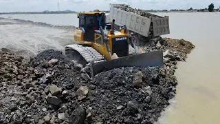 Fantastic Project Building Road on Lake by SHANTUI Truck Spreading Rock and Dozer Push Stone