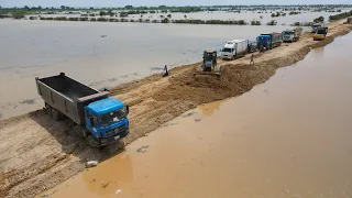 Flooding! Urgent Work Build Road Keep up Situation by Bulldozer, Dump Truck in Operation Processing
