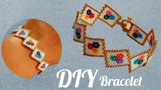 Daisy flower bracelet/Summer flower bracelet/Colorful jewelry/Even count peyote stitch/DIY Tutorial