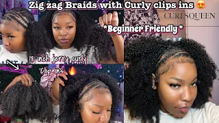 ZIG ZAG CORNROWS WITH CURLY CLIP INS TUTORIAL *Beginner friendly *| Ft.CURLS QUEEN #protectivestyles