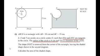 ABCD is a rectangle with AB =20 cm & BC = 15 cm. Calculate the area & perimeter of the shaded shape.