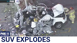 Toyota SUV explodes in a Los Angeles shopping plaza parking lot