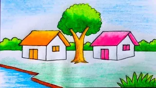 Beautiful village scenery drawing with two houses & trees💜❤️painting tutorial.