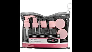 Kit Viagem Frascos Cosmético 7 Peças com Nécessaire Modelo Rosa