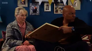 Eastenders Gloria leaves as George throws a picture as Gloria says he had a lovely childhood scene