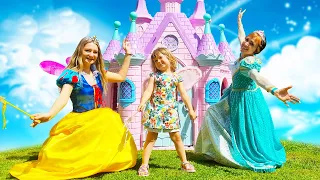 Baby girl & Disney princess locked at the giant princess castle! Family fun video.