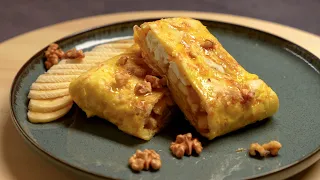 Simply pour the egg onto the tortilla. Great breakfast with banana and cottage cheese in 5 minutes!