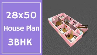 28x50 House Plan 3BHK || 3 Bedroom Home Design || 28x50 House Design || Small House Design 3D