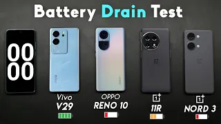 Vivo V29 vs OPPO Reno 10 vs OnePlus 11R vs OnePlus Nord 3 Battery Drain Test!