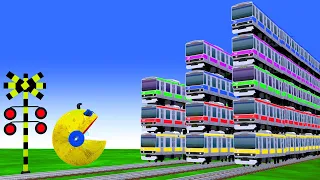 【踏切アニメ】あぶない電車 3 TRAIN HIGH vs MS PACMAN🚦 非常に長い列車Fumikiri 3D Railroad Crossing Animation #12345