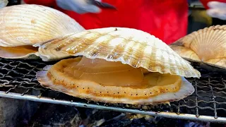 Japanese Street Food in Tsukiji - Giant Scallops / Live Grilled Seafood