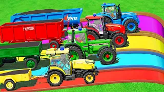 MINI & BIG POLICE TRACTOR & TRAILER vs PORTAL TRAP! CANOLA TRANSPORTING SLIDE COLORS! ! FS22