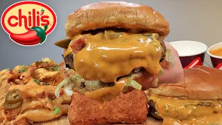 MUKBANG CHILLI'S SAUCY CHEESEBURGER TEXAS CHEESE FRIES FRIED CHEESY MOZZARELA ASMR