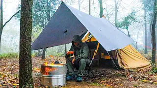 Solo Camping In Heavy Rain  - Hot Tent ; Firepit & Tarp Shelter Set-up