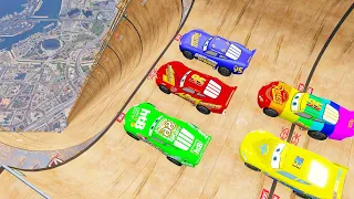 GTA 5 Lightning McQueen And Friends Mega Ramp jump challenges ep.5 - Who Will Complete The Ramp?