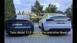 Tesla Model Y Performance (Berlin 2022) VS Tesla Model 3 LR AWD w  Acceleration Boost (Fremont 2021)