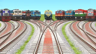 9 TRAIN CROSSING ON MID X CUT CURVED RAILROAD | Electric Train | Indian Train | Animated Railroad