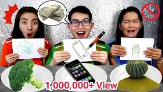 Challenge draw it vs eat it food Draw 100,000 baht #Mukbang DRAW AND EAT FOOD CHALLENGE:Kunti