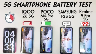 Samsung F23 5G vs iQOO Z6 5G vs Poco M4 Pro 5G vs Realme 9 Pro 5G - Battery Drain Test