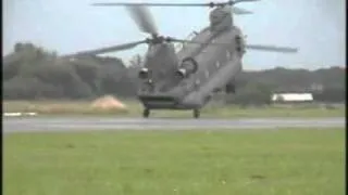 Chinook helicoptor in reverse twin rotor air show display tactical, roll on landing