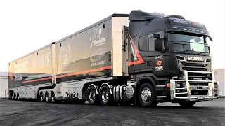 Australian Scania trucks hauling spectacular race trailers