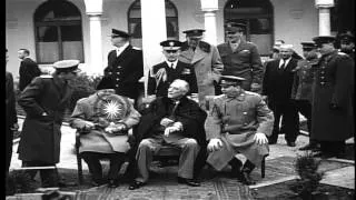 Winston Churchill, Franklin Roosevelt and Joseph Stalin with other officers at Ya...HD Stock Footage