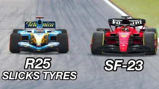 Ferrari F1 2023 SF-23 vs Renault F1 2005 SLICK TYRES - Baharin Grand Prix