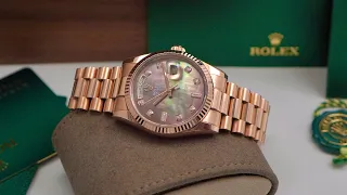 [ Cực đẹp ] Rolex Day-Date 36 Everose Mother of Pearl Diamond Dial 118235 / Mặt xà cừ tím nổi bật