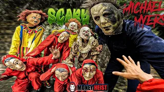 MONEY HEIST Run Away From The Killers Clowns || Rescue my friends from spooky houses ( parkour pov )